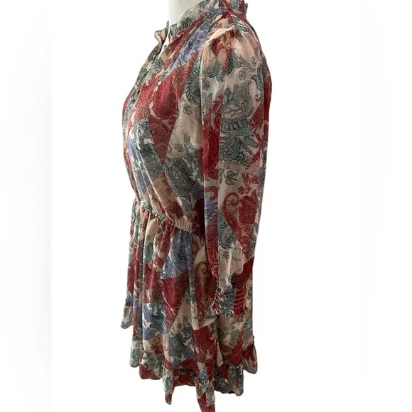 Jessica Simpson Red Cream Green Purple Paisley V-Neck Peasant Tunic - Picture 3 of 6